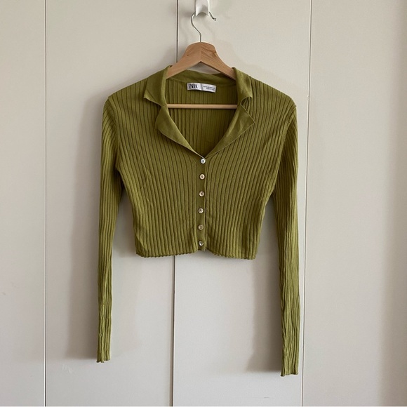 Zara collared green crop long sleeve tee - Picture 1 of 5